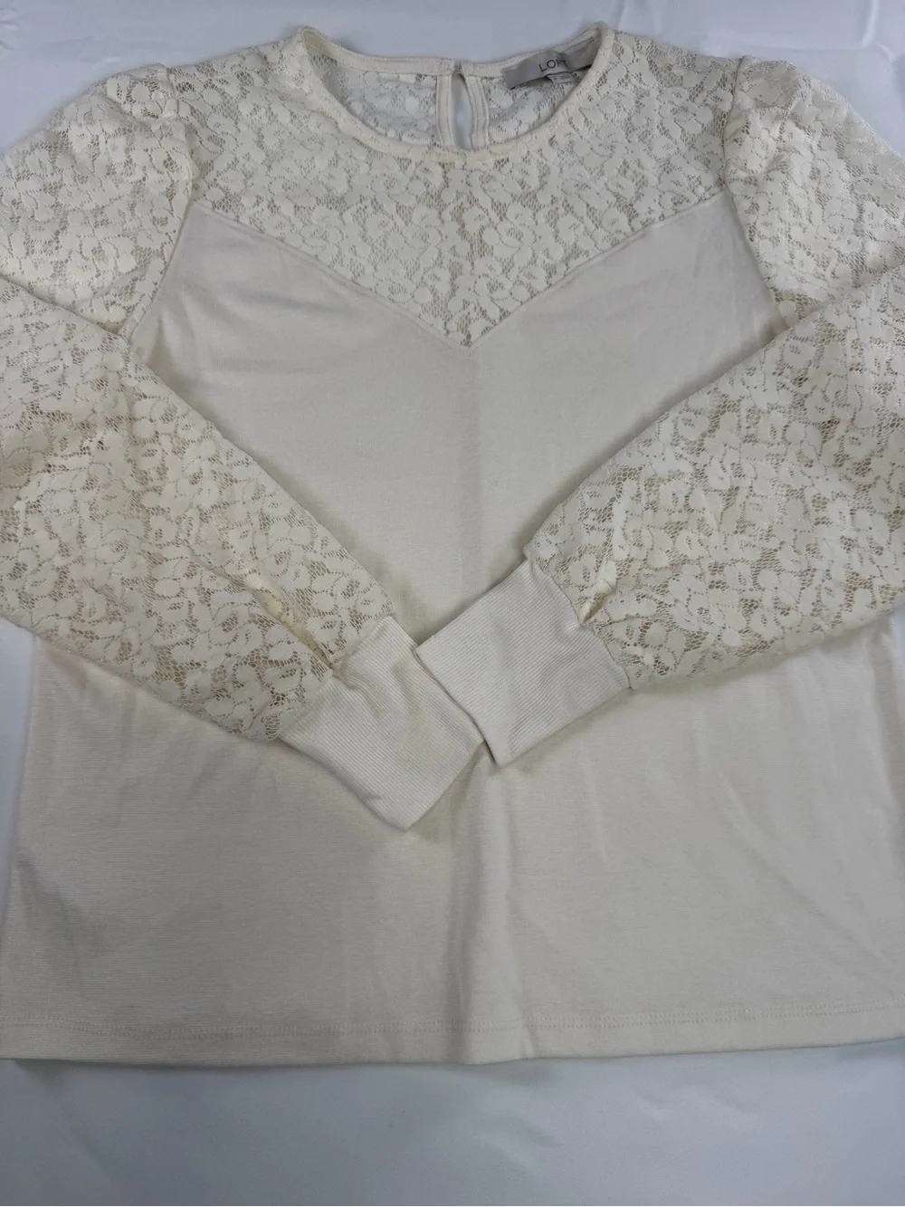 LOFT Cream Lace-Inset Long Sleeve Top - Elevated Style -Medium